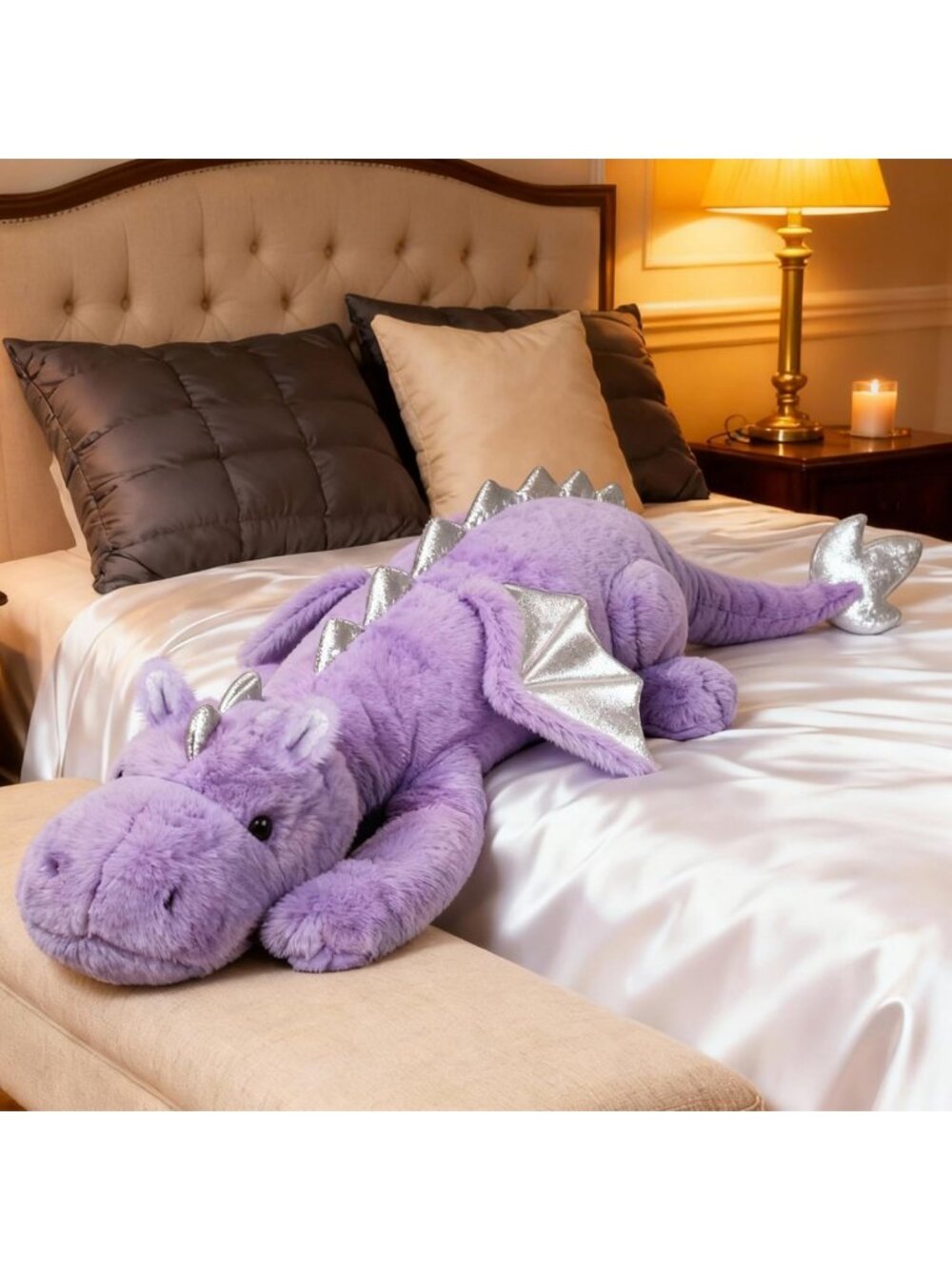 Giant 50in Purple Dragon Plush Toy - Jumbo Cuddly Dinosaur Pillow with Wings